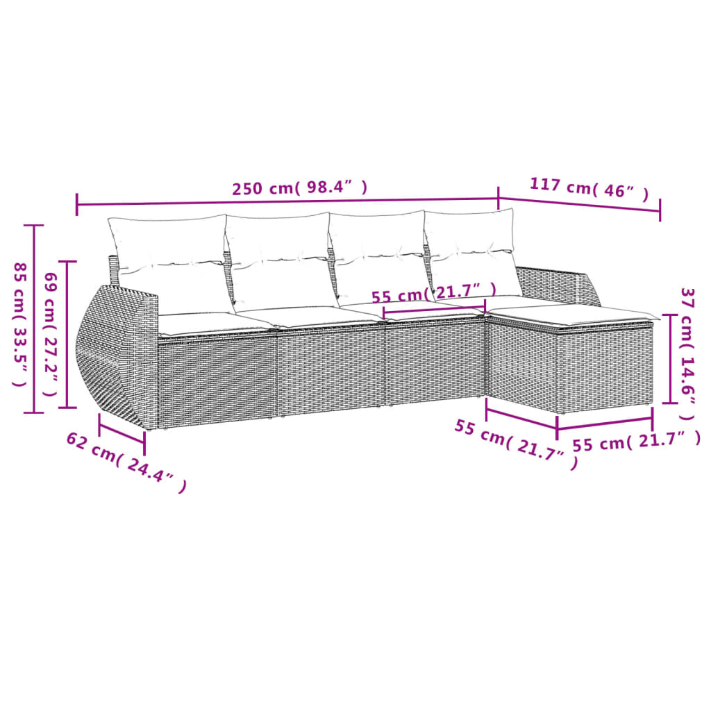 Set Divano da Giardino 5 pz con Cuscini Marrone in Polyrattan