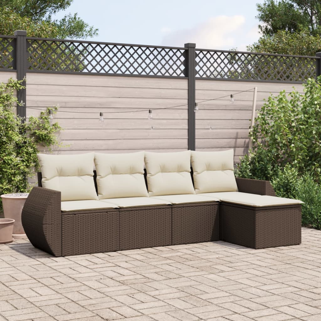 Set Divano da Giardino 5 pz con Cuscini Marrone in Polyrattan