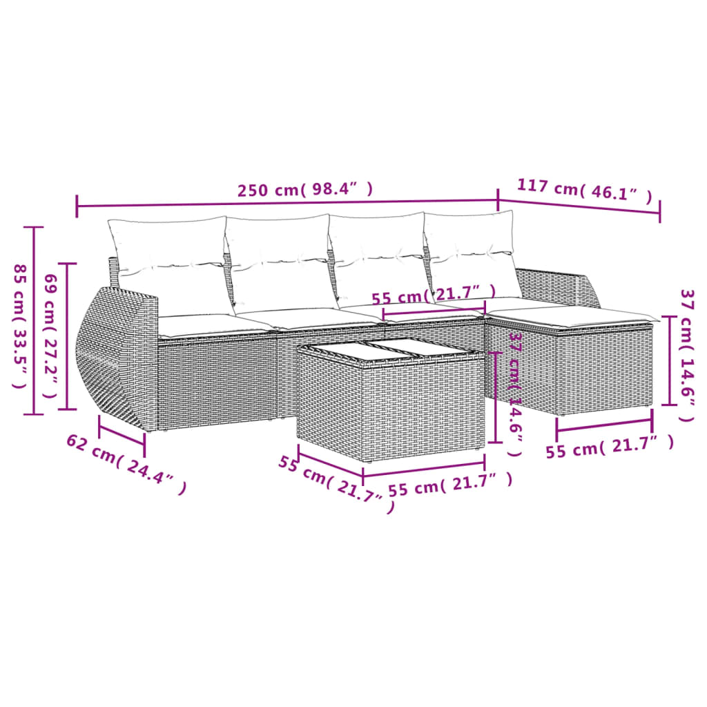 Set Divano da Giardino 6 pz con Cuscini Beige in Polyrattan