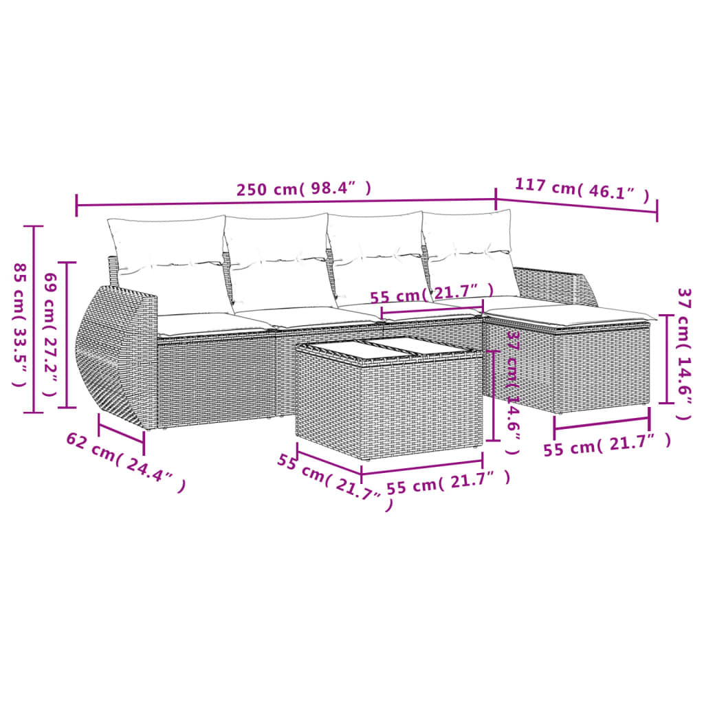 Set Divano da Giardino 6 pz con Cuscini Marrone in Polyrattan