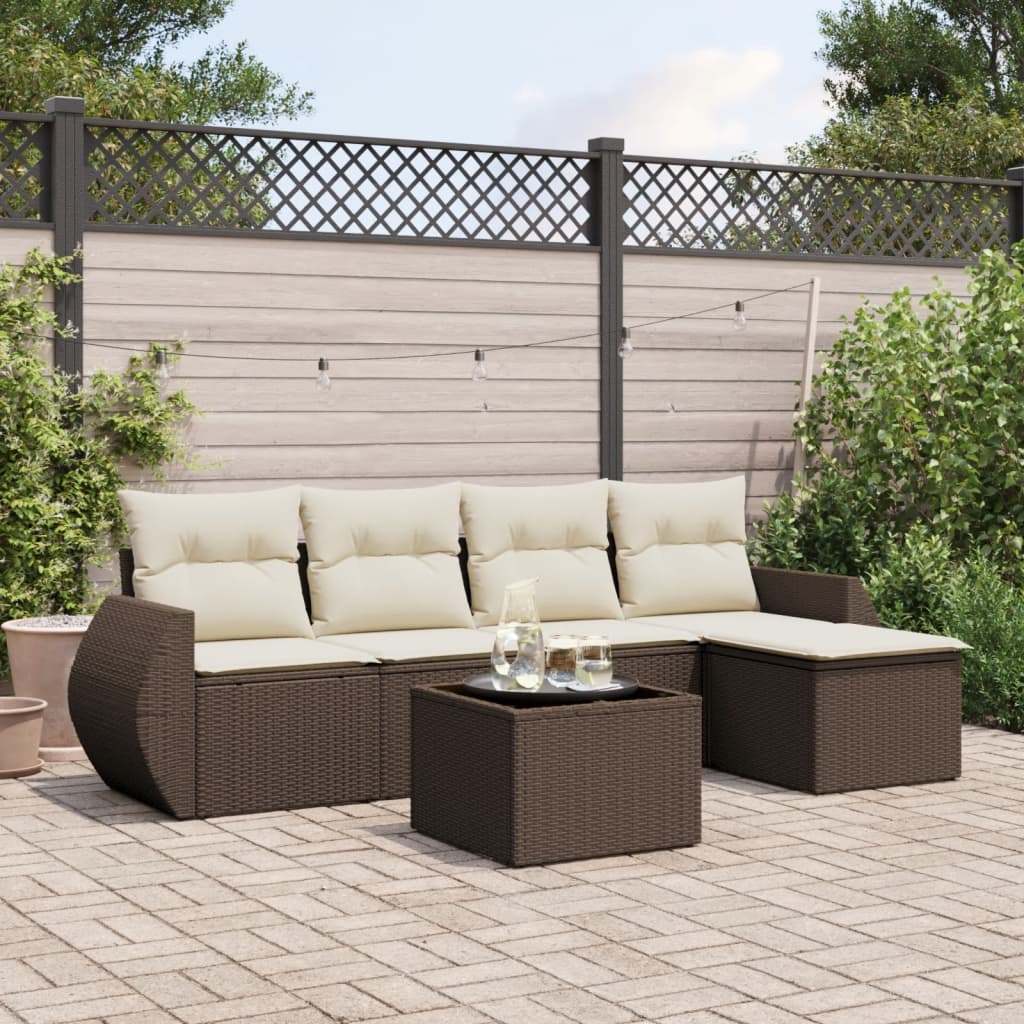 Set Divano da Giardino 6 pz con Cuscini Marrone in Polyrattan