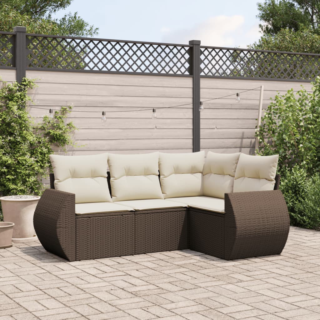 Set Divano da Giardino 4 pz con Cuscini Marrone in Polyrattan