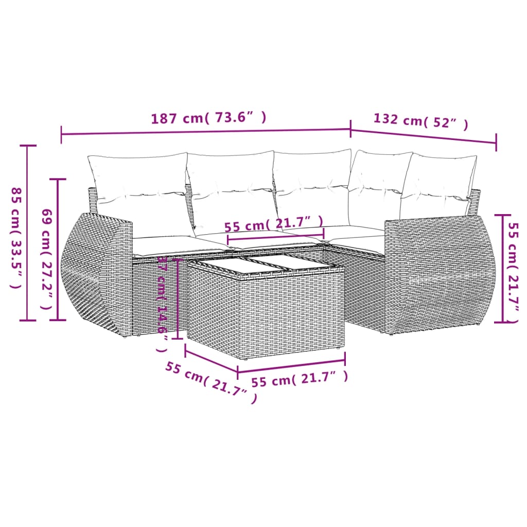 Set Divano da Giardino 5 pz con Cuscini Marrone in Polyrattan