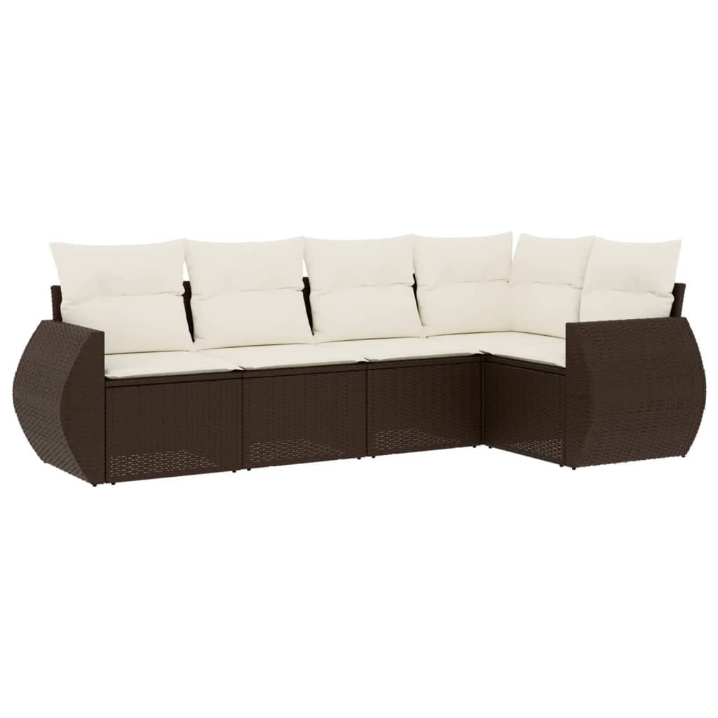 Set Divano da Giardino 5 pz con Cuscini Marrone in Polyrattan