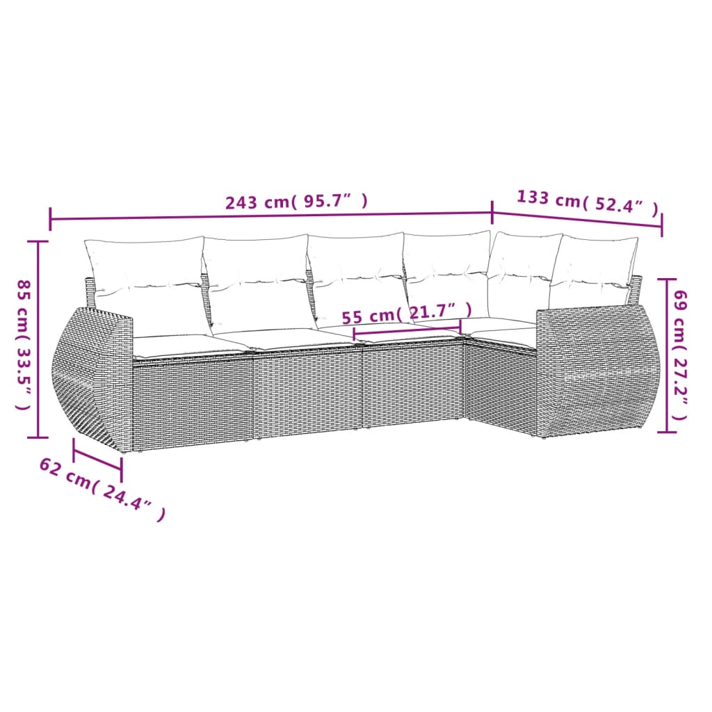 Set Divano da Giardino 5 pz con Cuscini Marrone in Polyrattan