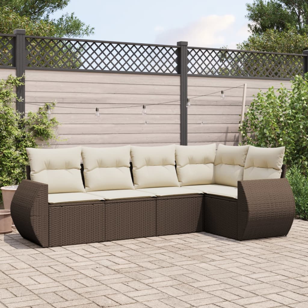 Set Divano da Giardino 5 pz con Cuscini Marrone in Polyrattan