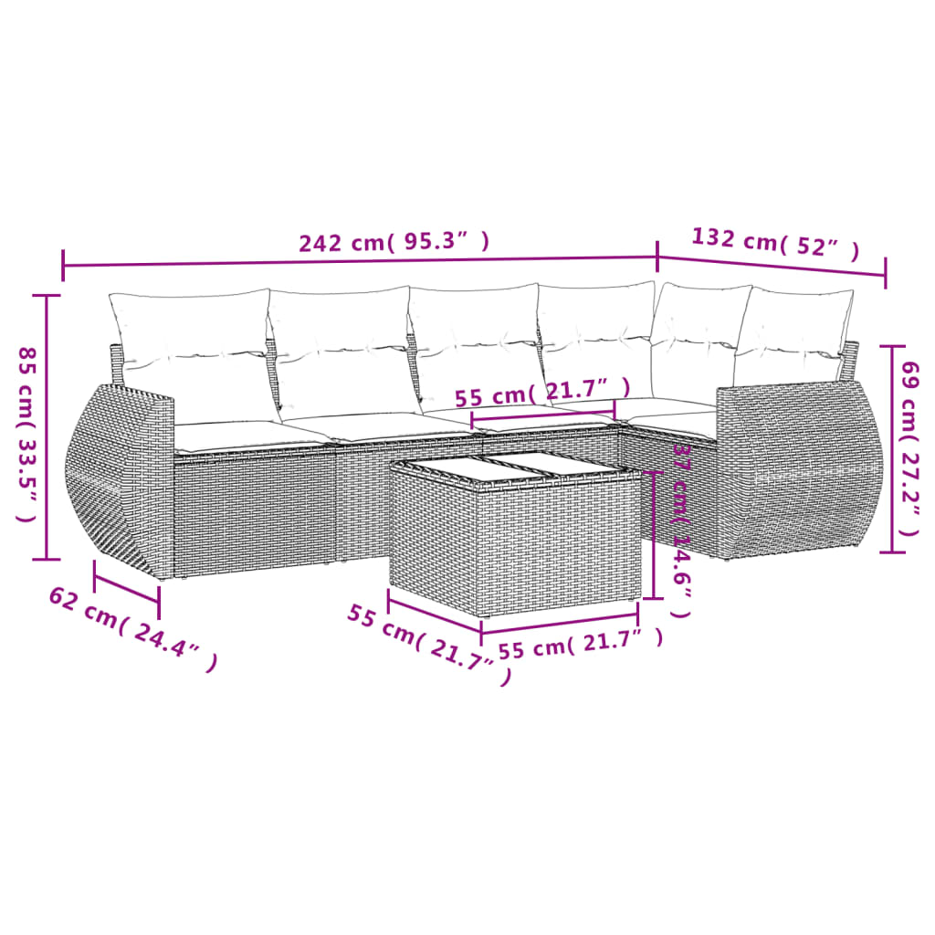 Set Divano da Giardino 6 pz con Cuscini Marrone in Polyrattan