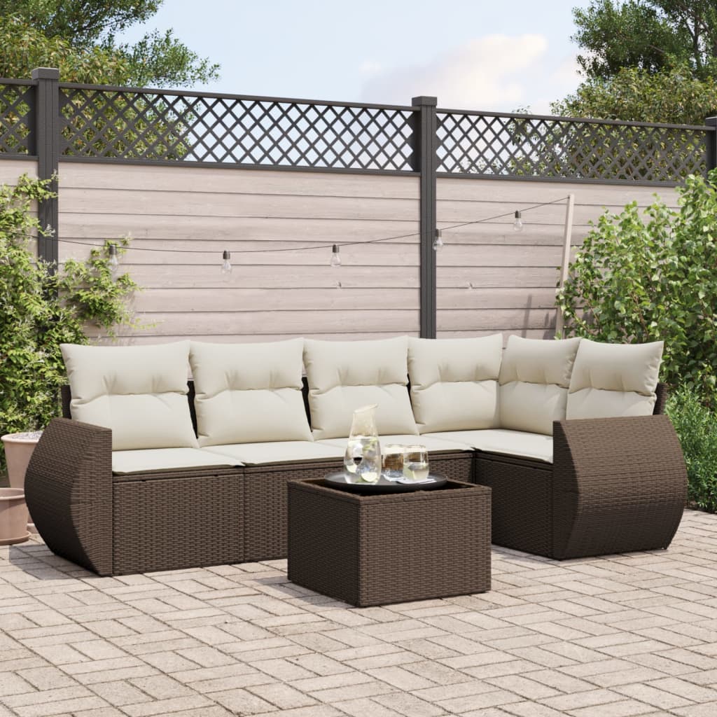 Set Divano da Giardino 6 pz con Cuscini Marrone in Polyrattan