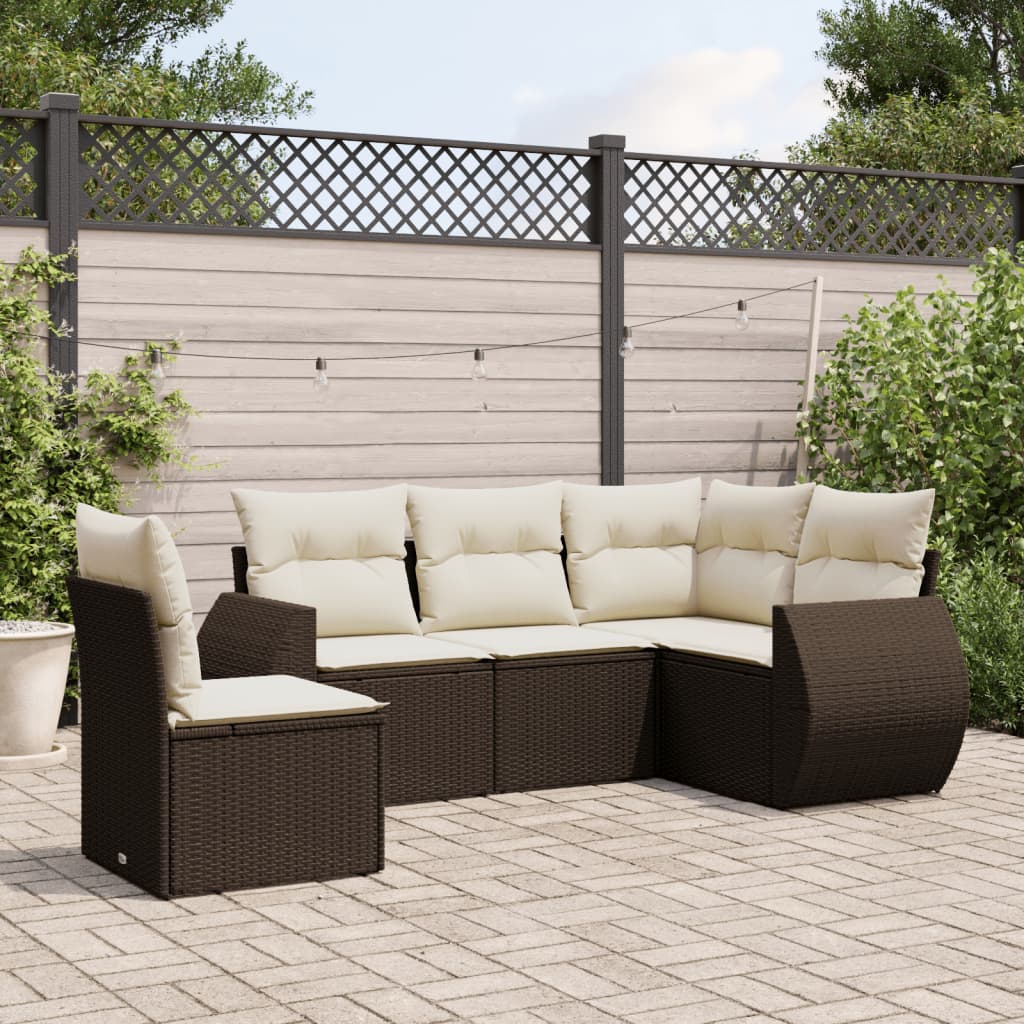 Set Divano da Giardino 5 pz con Cuscini Marrone in Polyrattan