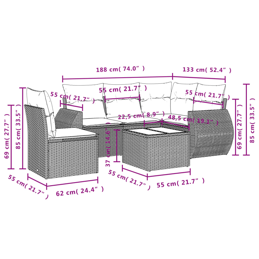 Set Divano da Giardino 6 pz con Cuscini Marrone in Polyrattan