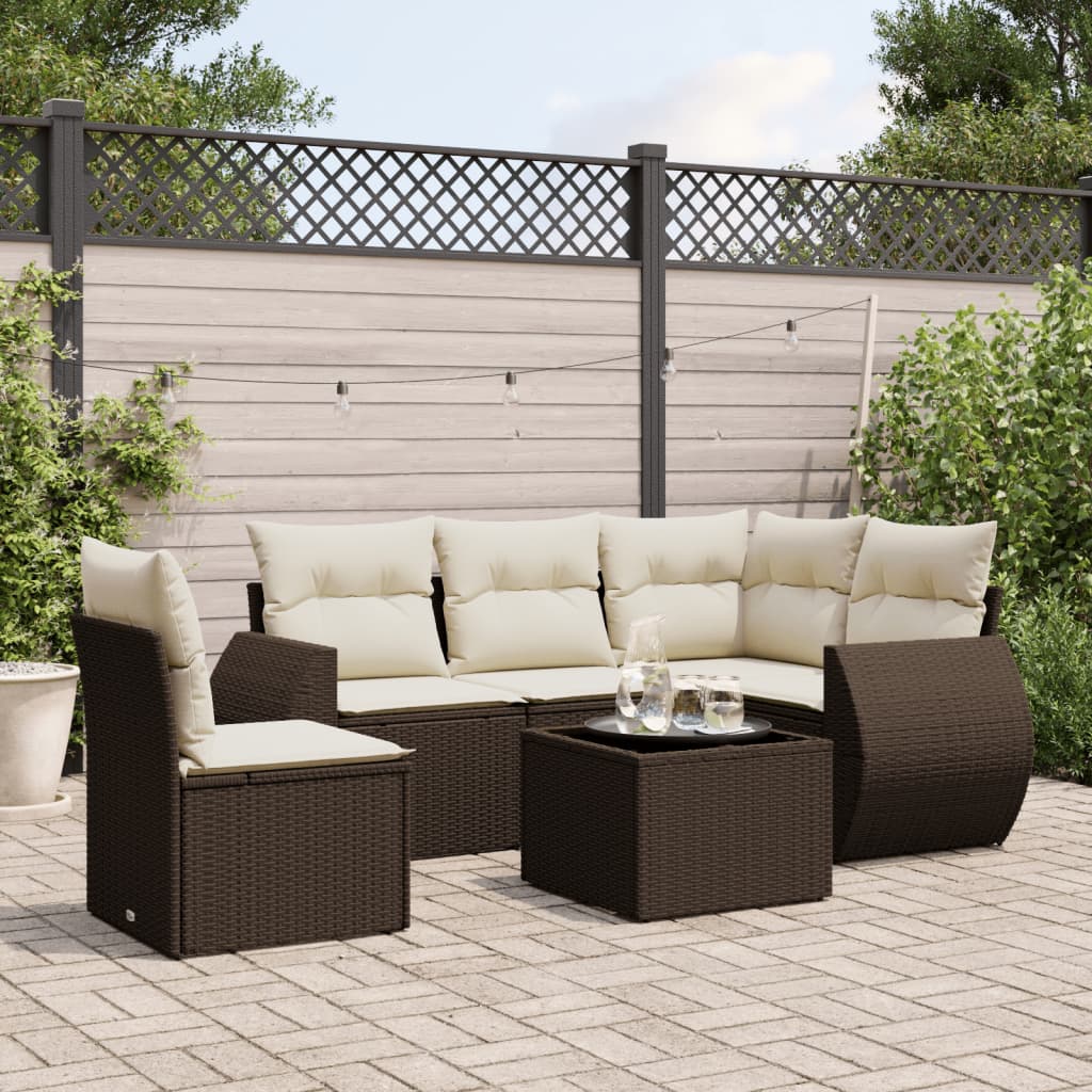 Set Divano da Giardino 6 pz con Cuscini Marrone in Polyrattan