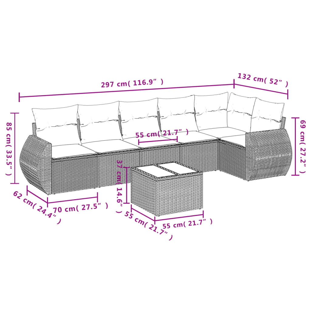 Set Divani da Giardino 7 pz con Cuscini Beige in Polyrattan