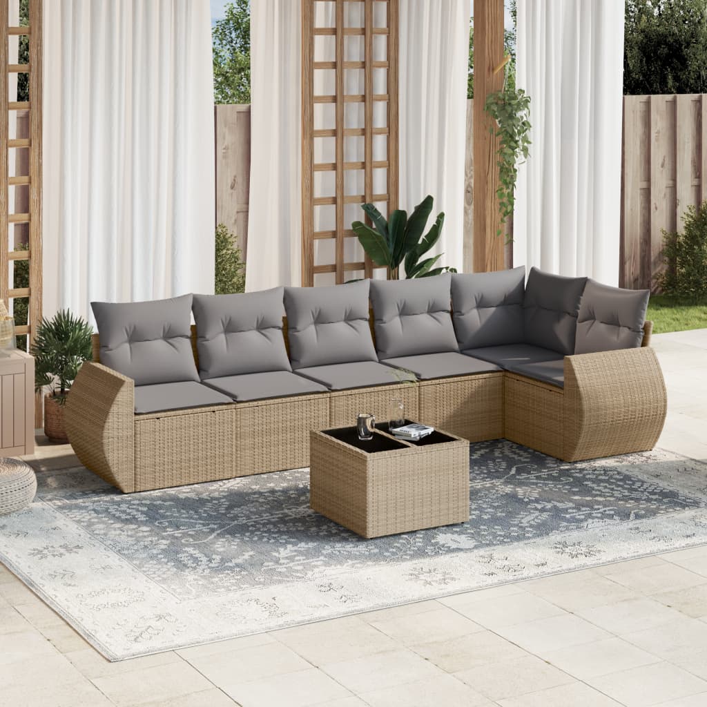 Set Divani da Giardino 7 pz con Cuscini Beige in Polyrattan