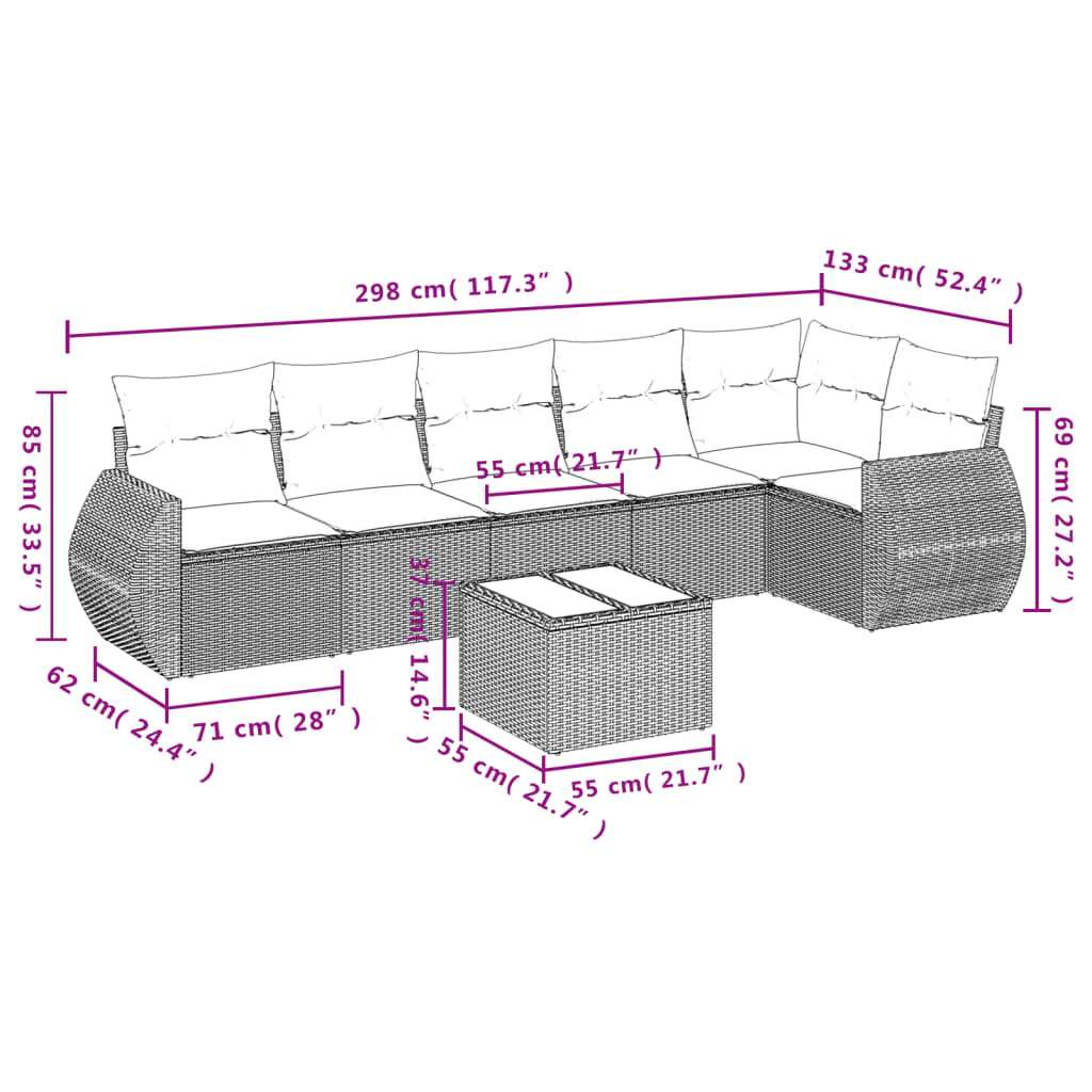 Set Divani da Giardino 7 pz con Cuscini Marrone in Polyrattan