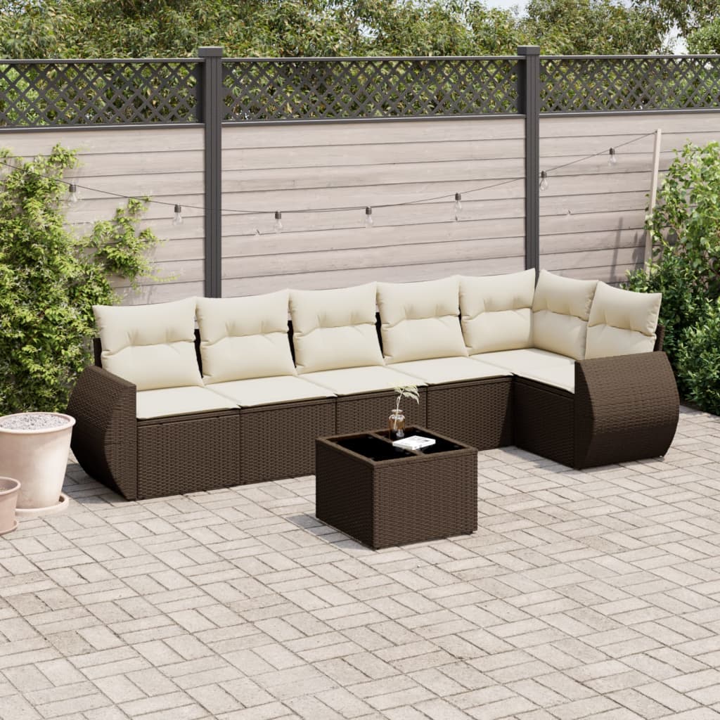 Set Divani da Giardino 7 pz con Cuscini Marrone in Polyrattan