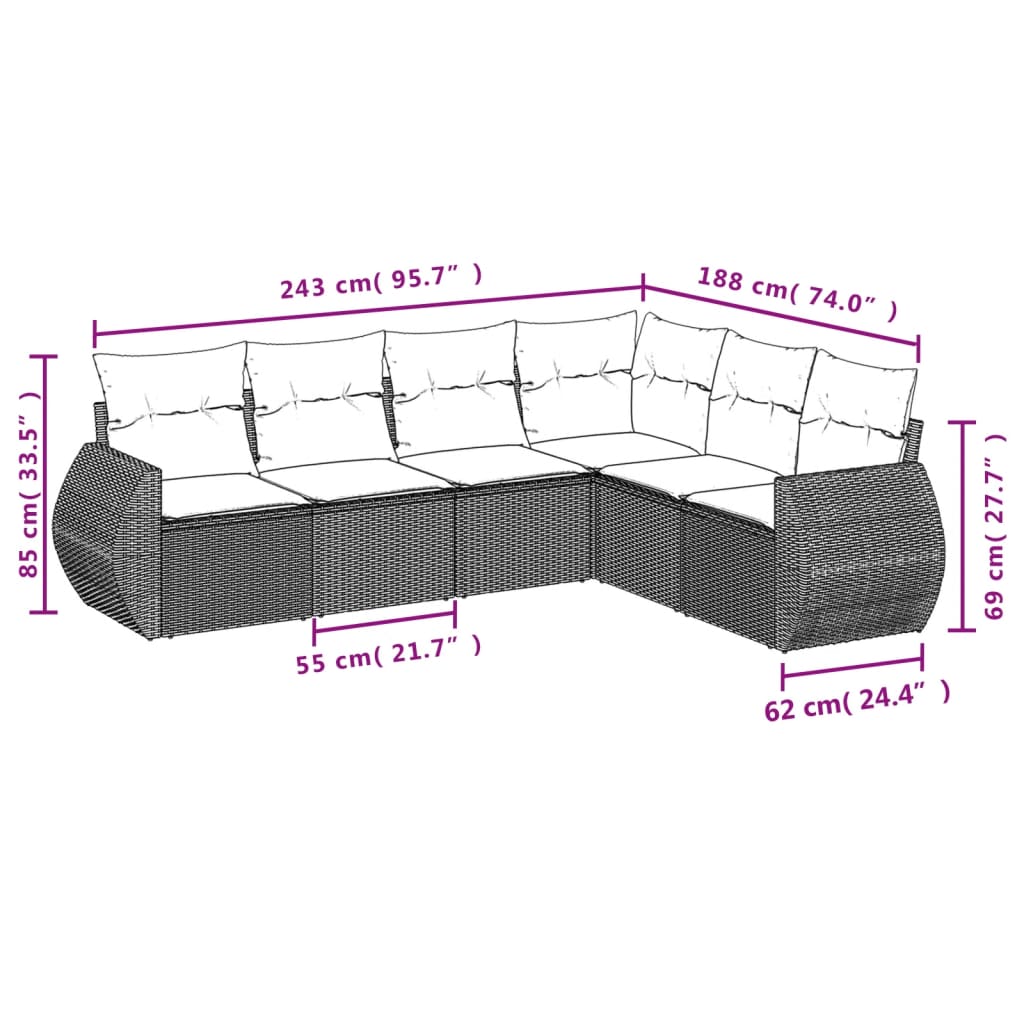 Set Divano da Giardino 6 pz con Cuscini Marrone in Polyrattan