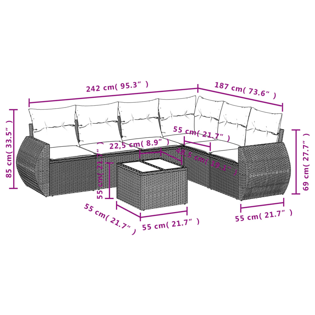 Set Divani da Giardino 7 pz con Cuscini Marrone in Polyrattan