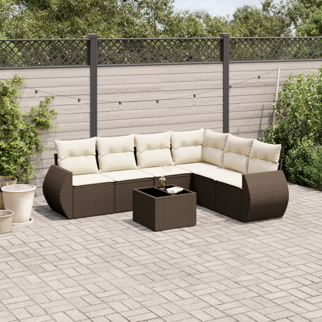 Set Divani da Giardino 7 pz con Cuscini Marrone in Polyrattan