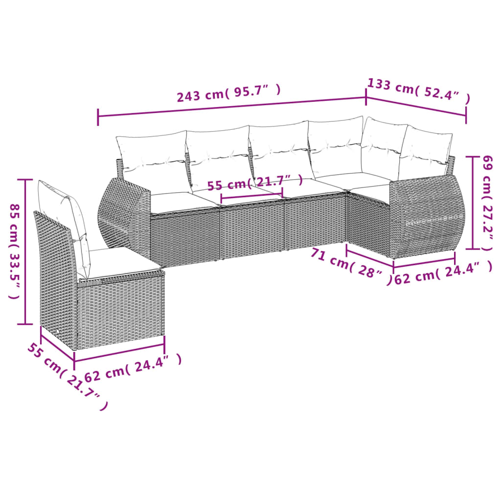 Set Divano da Giardino 6 pz con Cuscini Marrone in Polyrattan