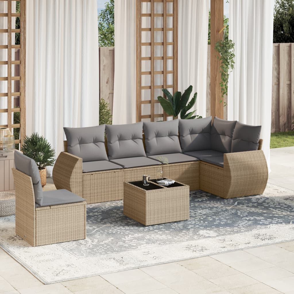 Set Divani da Giardino 7 pz con Cuscini Beige in Polyrattan