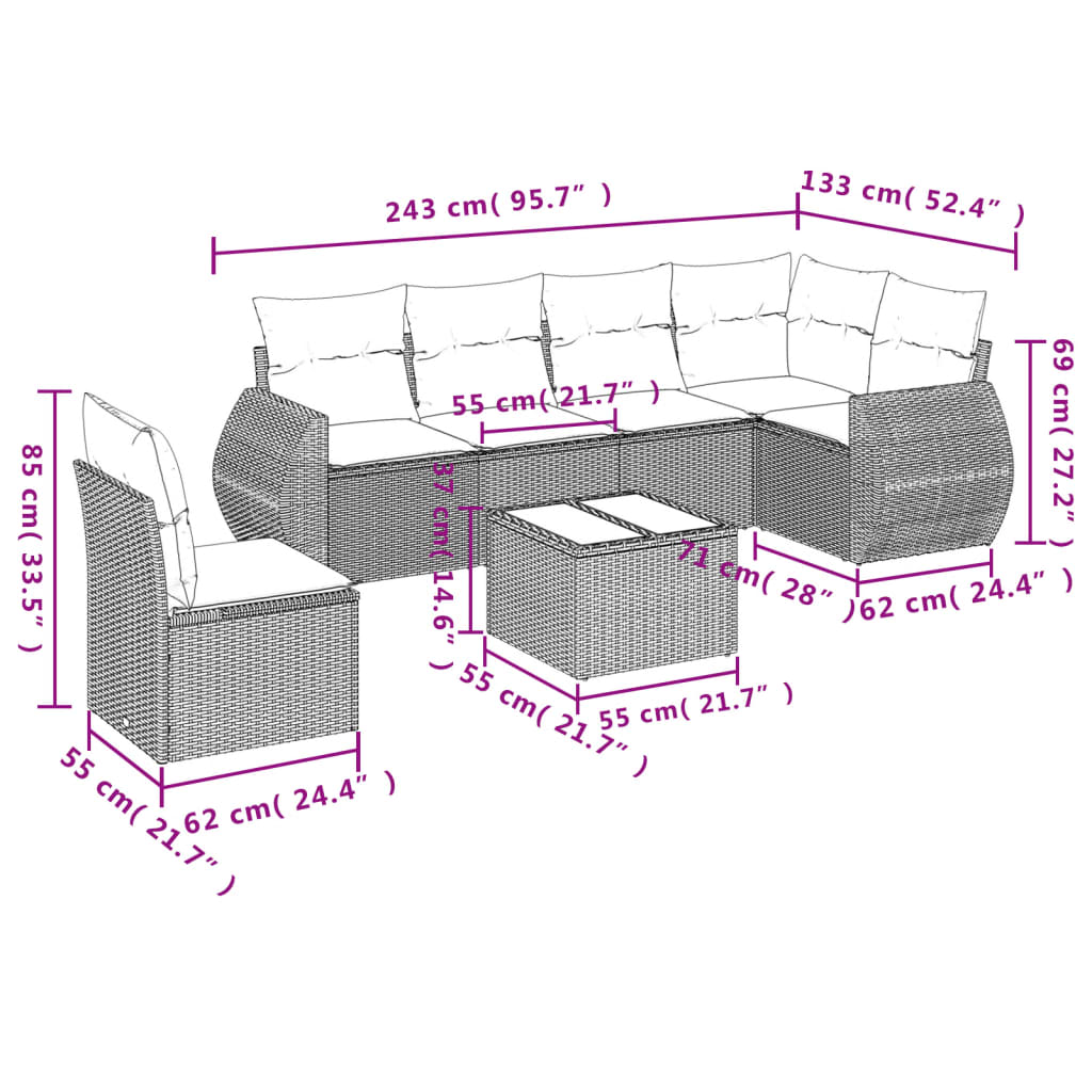 Set Divani da Giardino 7 pz con Cuscini Marrone in Polyrattan