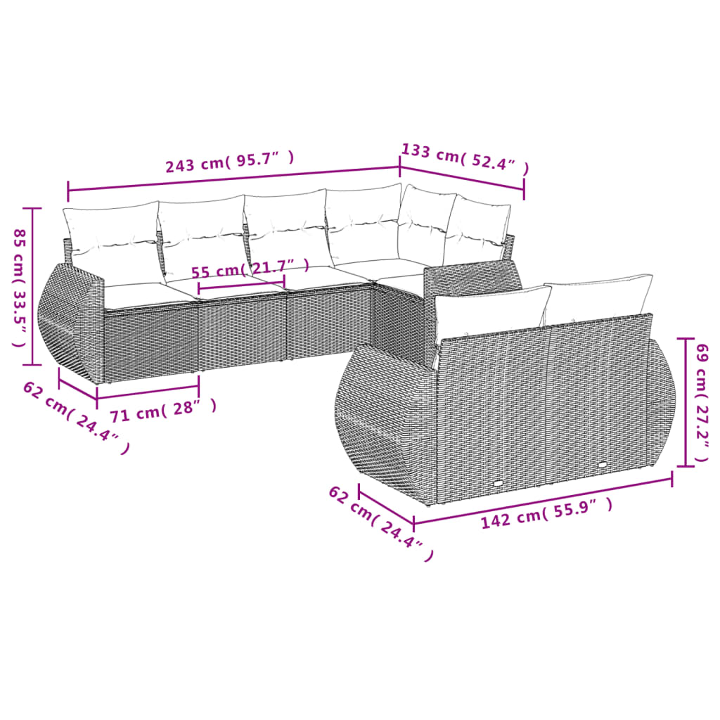 Set Divani da Giardino 7 pz con Cuscini Marrone in Polyrattan