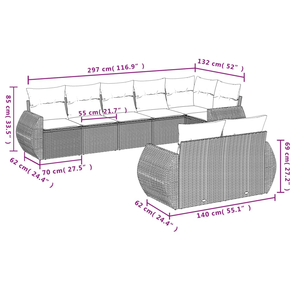 Set Divano da Giardino 8 pz con Cuscini Grigio in Polyrattan