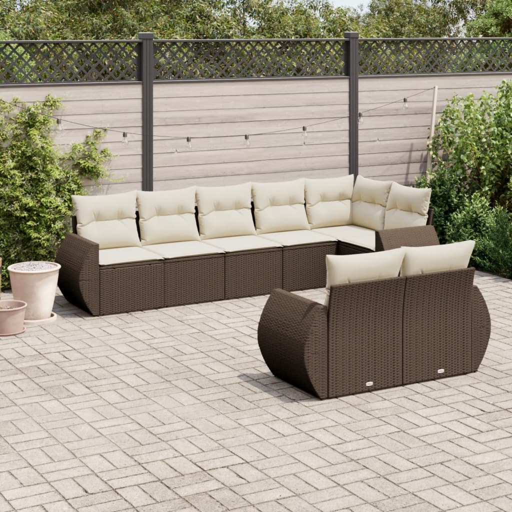 Set Divani da Giardino 8 pz con Cuscini Marrone in Polyrattan