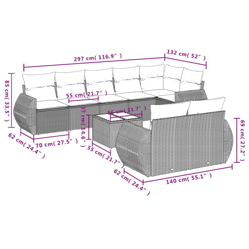 Set Divani da Giardino 9pz con Cuscini Marrone in Polyrattan