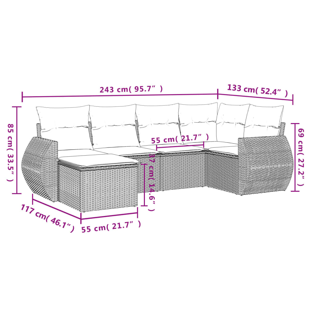 Set Divano da Giardino 6 pz con Cuscini Marrone in Polyrattan