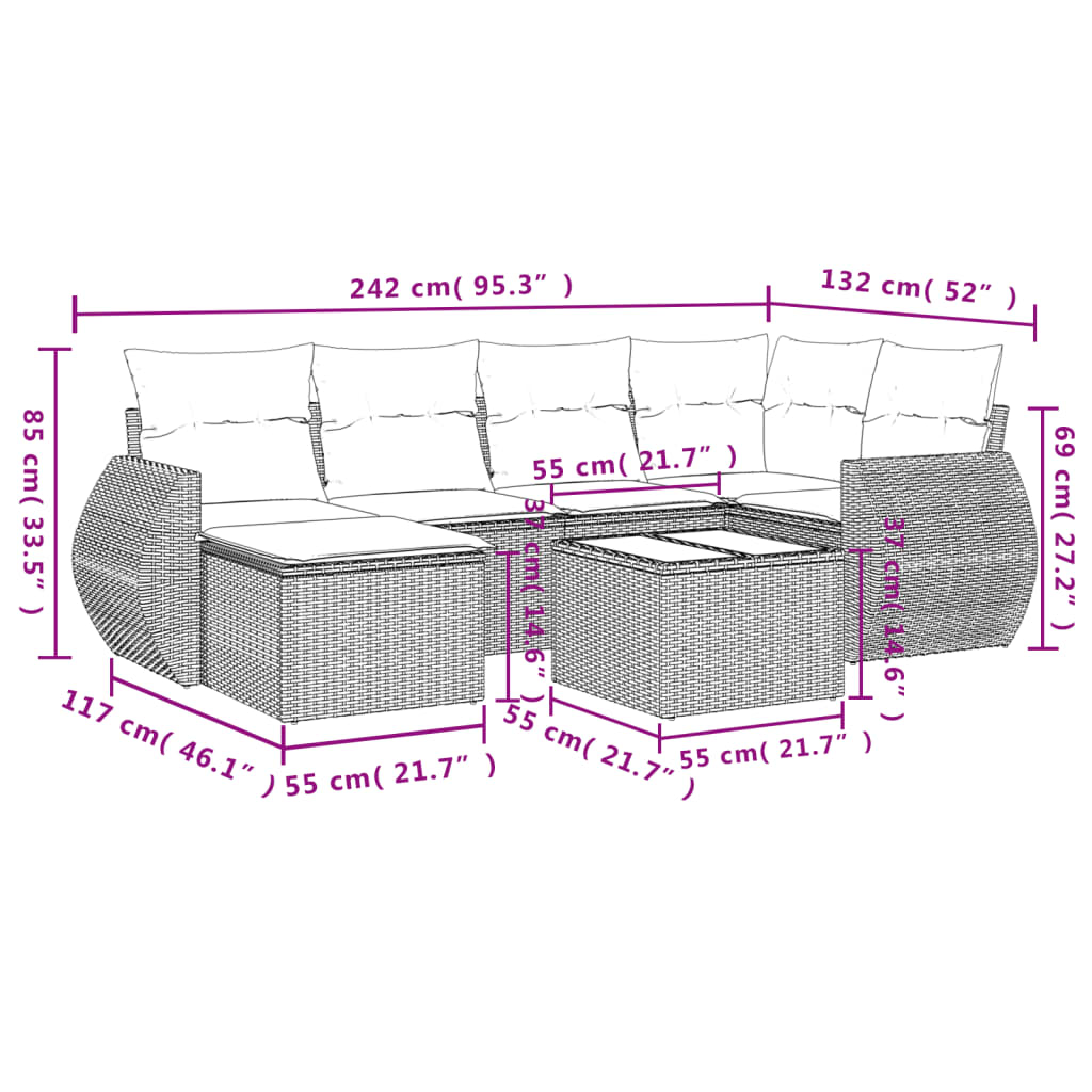 Set Divani da Giardino 7 pz con Cuscini Marrone in Polyrattan