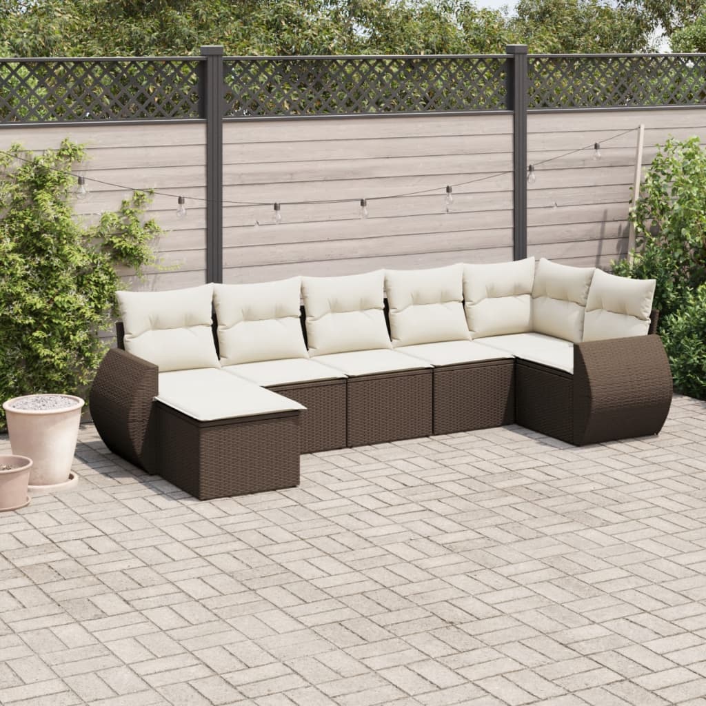 Set Divani da Giardino 7 pz con Cuscini Marrone in Polyrattan