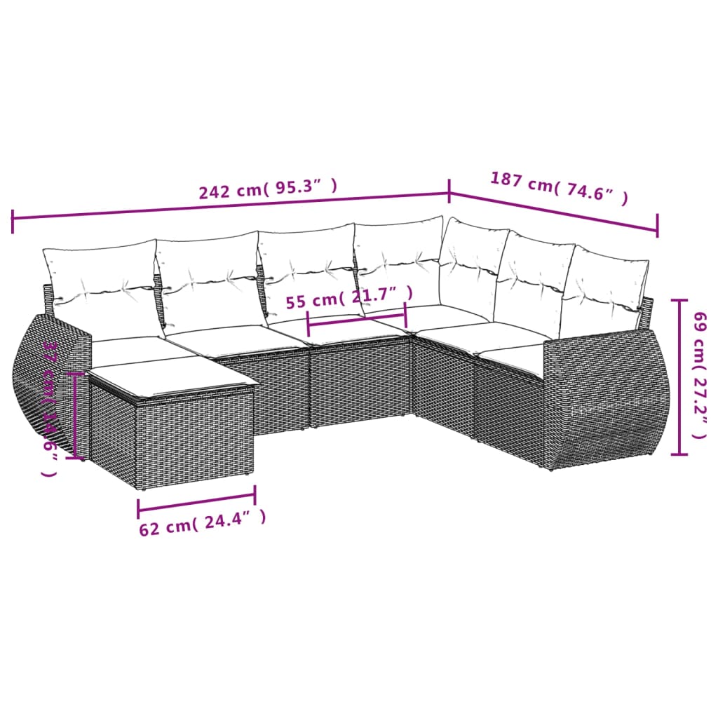 Set Divani da Giardino 7 pz con Cuscini Marrone in Polyrattan