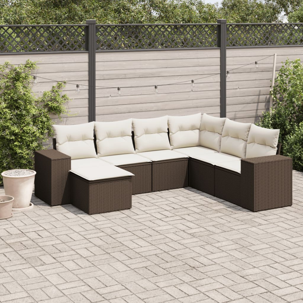 Set Divani da Giardino 7 pz con Cuscini Marrone in Polyrattan