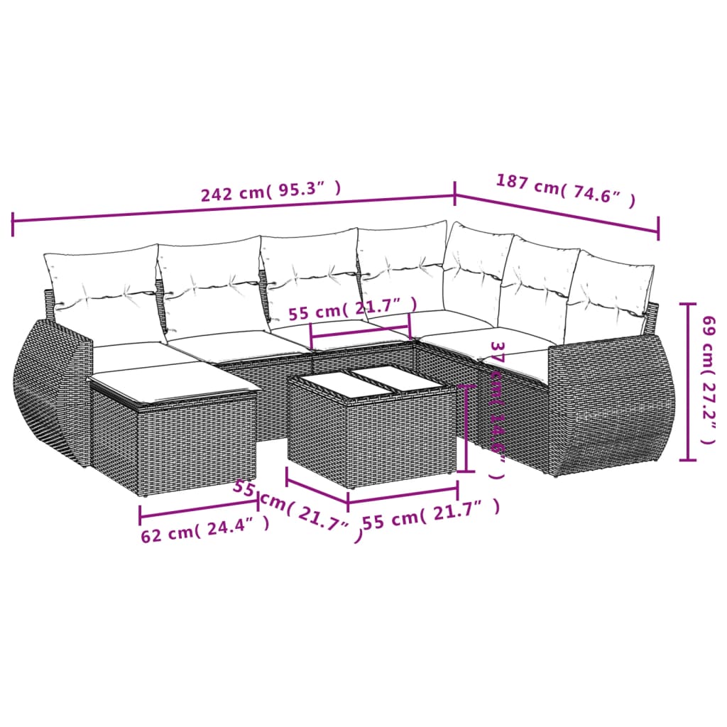 Set Divani da Giardino 8 pz con Cuscini Marrone in Polyrattan