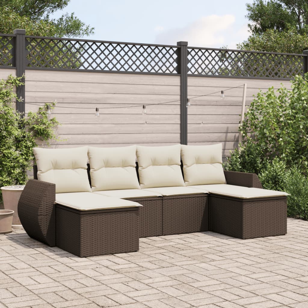 Set Divano da Giardino 6 pz con Cuscini Marrone in Polyrattan