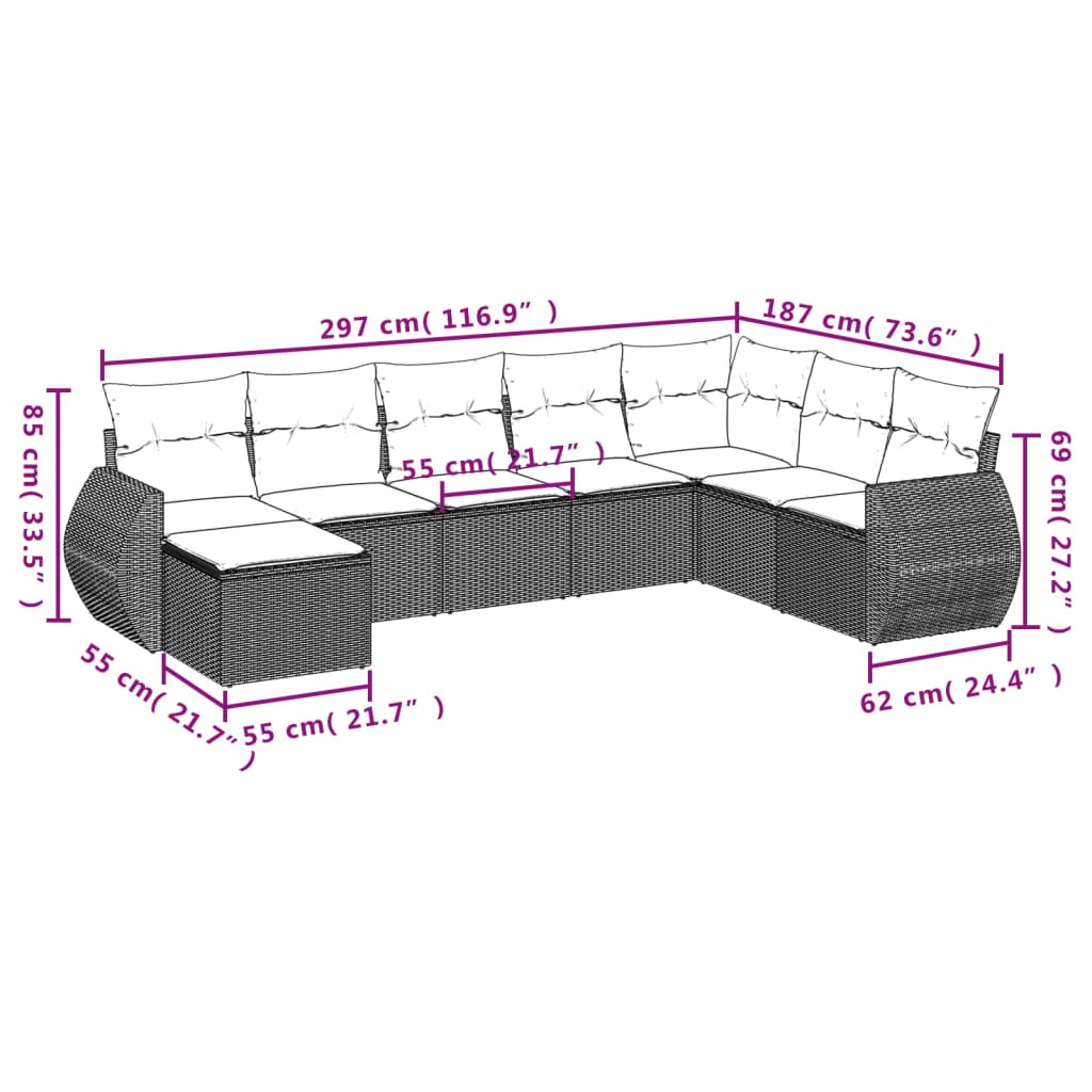 Set Divani da Giardino 8 pz con Cuscini Marrone in Polyrattan