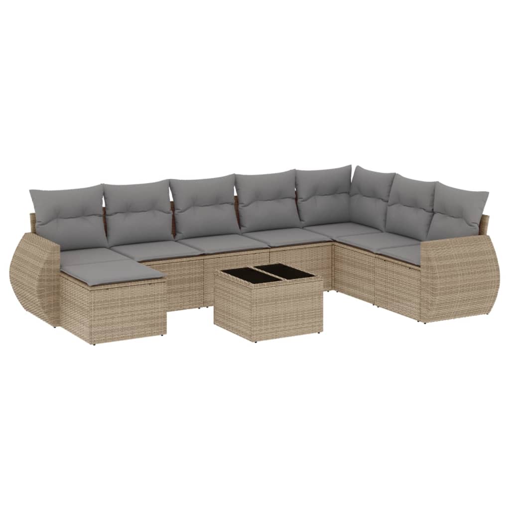 Set Divano da Giardino 9 pz con Cuscini Beige in Polyrattan