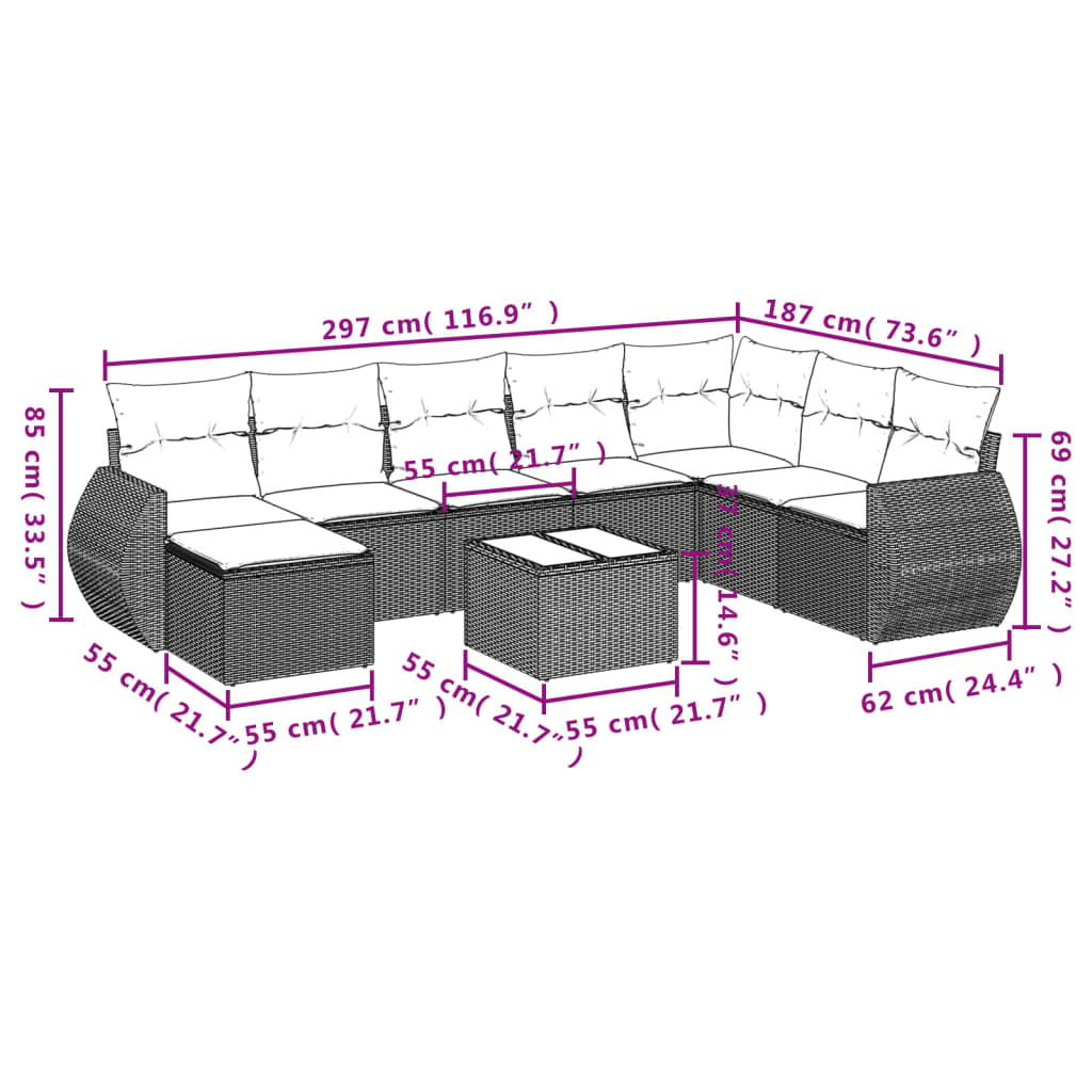 Set Divani da Giardino 9pz con Cuscini Marrone in Polyrattan