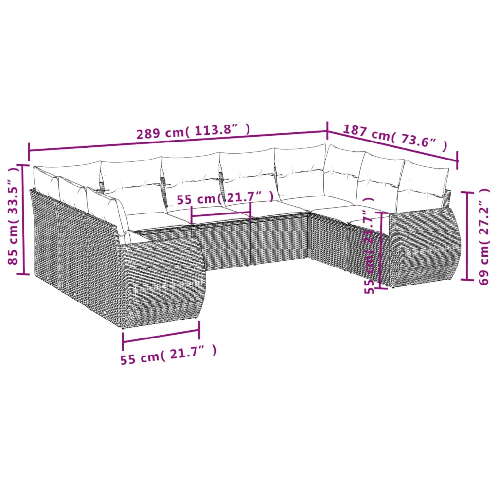 Set Divani da Giardino 9pz con Cuscini Marrone in Polyrattan