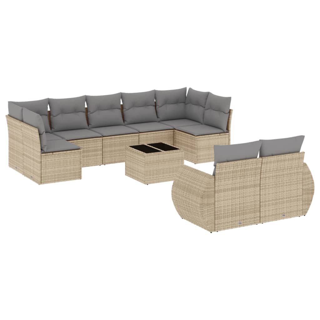 Set Divano da Giardino 10 pz con Cuscini Beige in Polyrattan