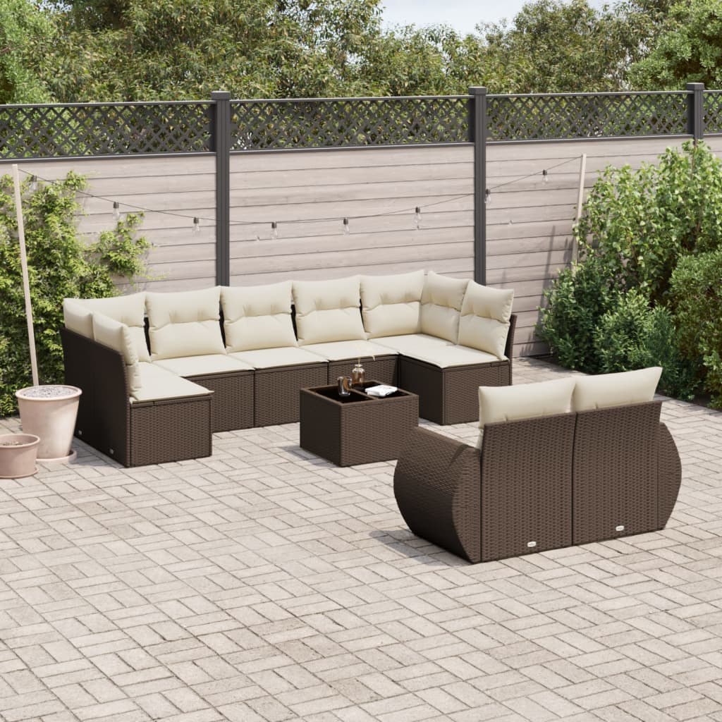 Set Divani da Giardino 10pz con Cuscini in Polyrattan Marrone