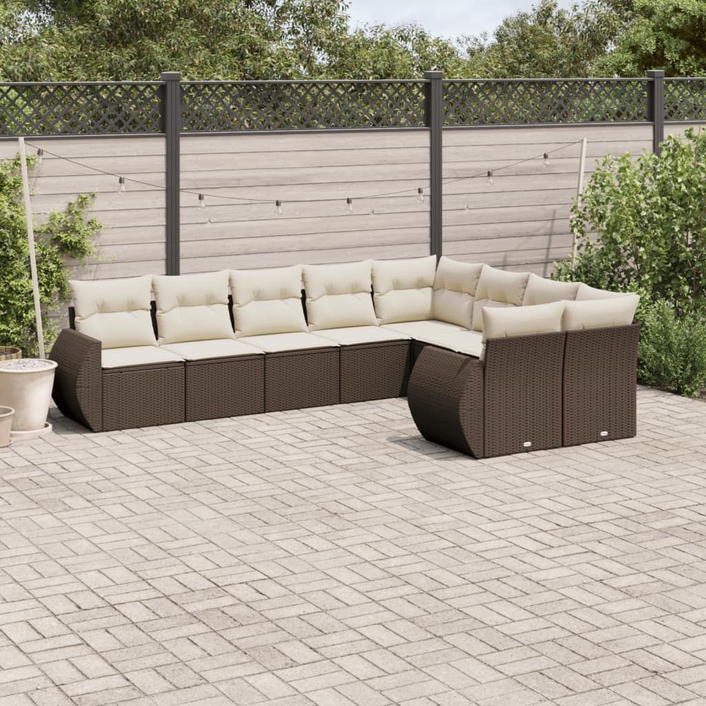 Set Divani da Giardino 9pz con Cuscini Marrone in Polyrattan