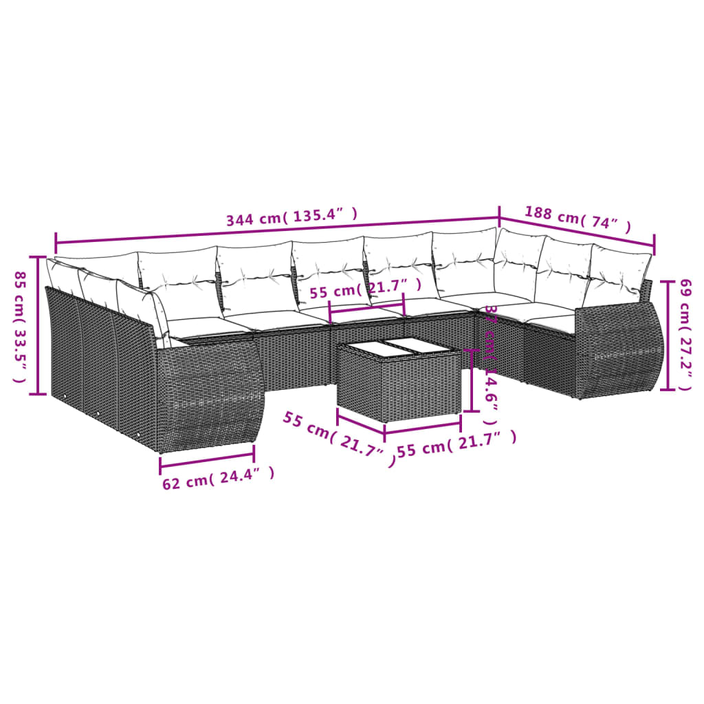 Set Divani da Giardino 10pz con Cuscini in Polyrattan Marrone