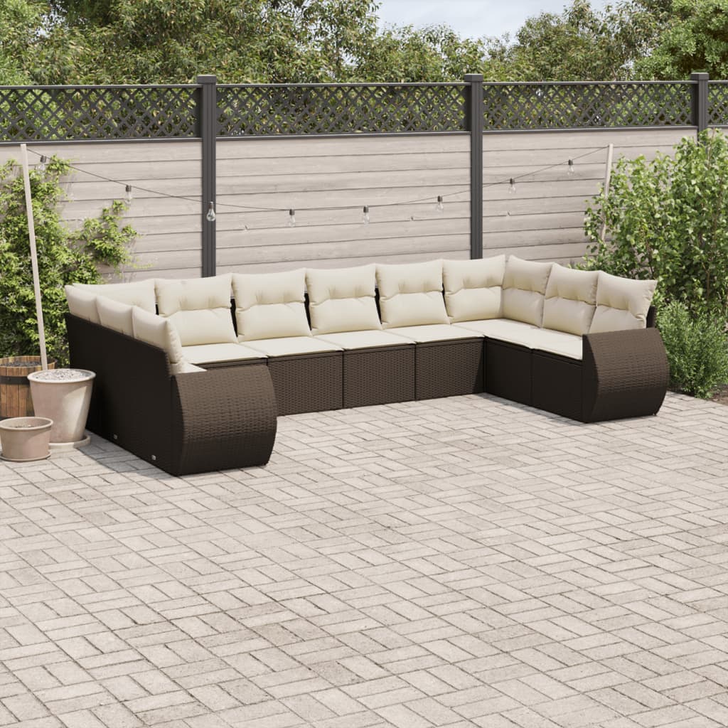 Set Divani da Giardino 10pz con Cuscini in Polyrattan Marrone