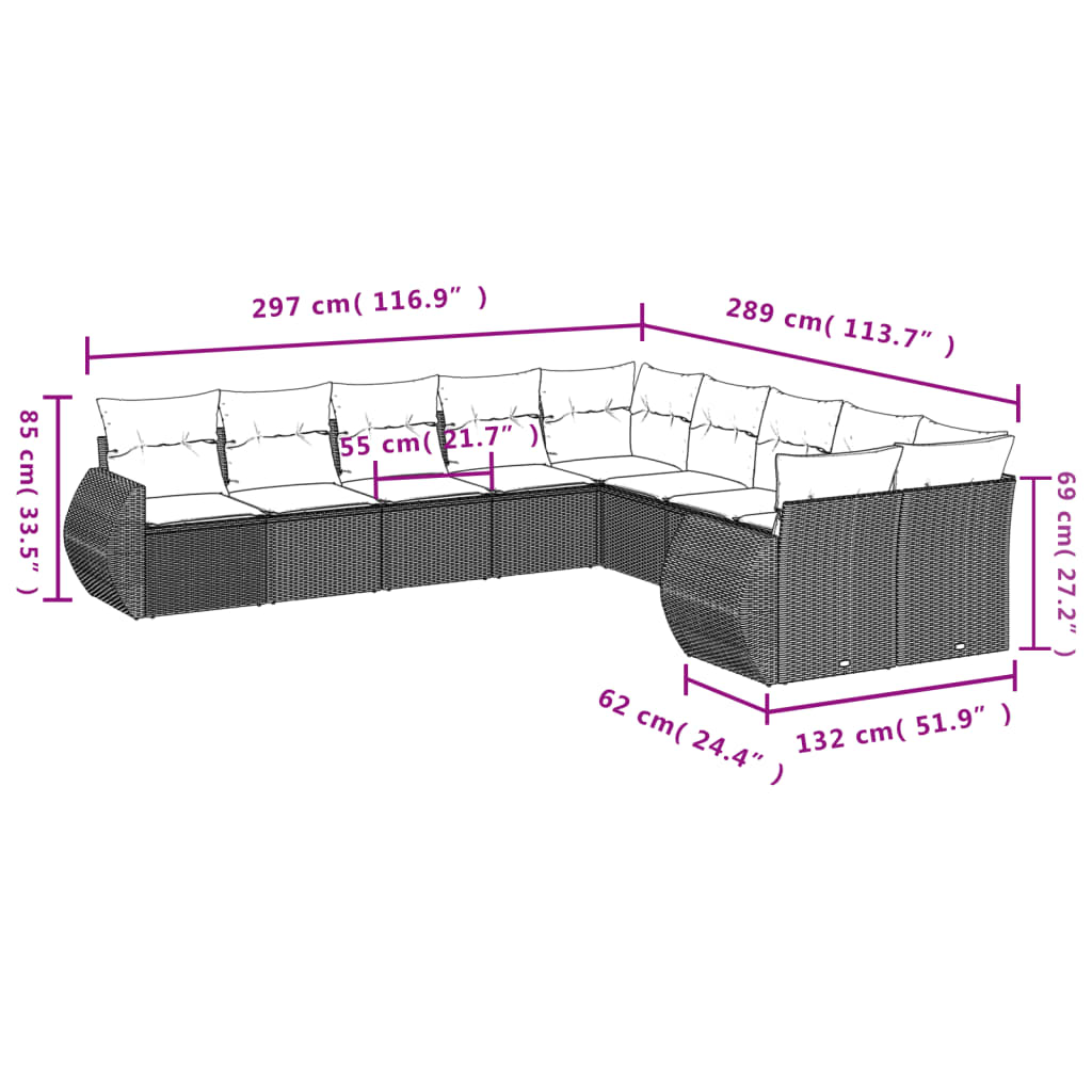 Set Divani da Giardino 10pz con Cuscini in Polyrattan Marrone