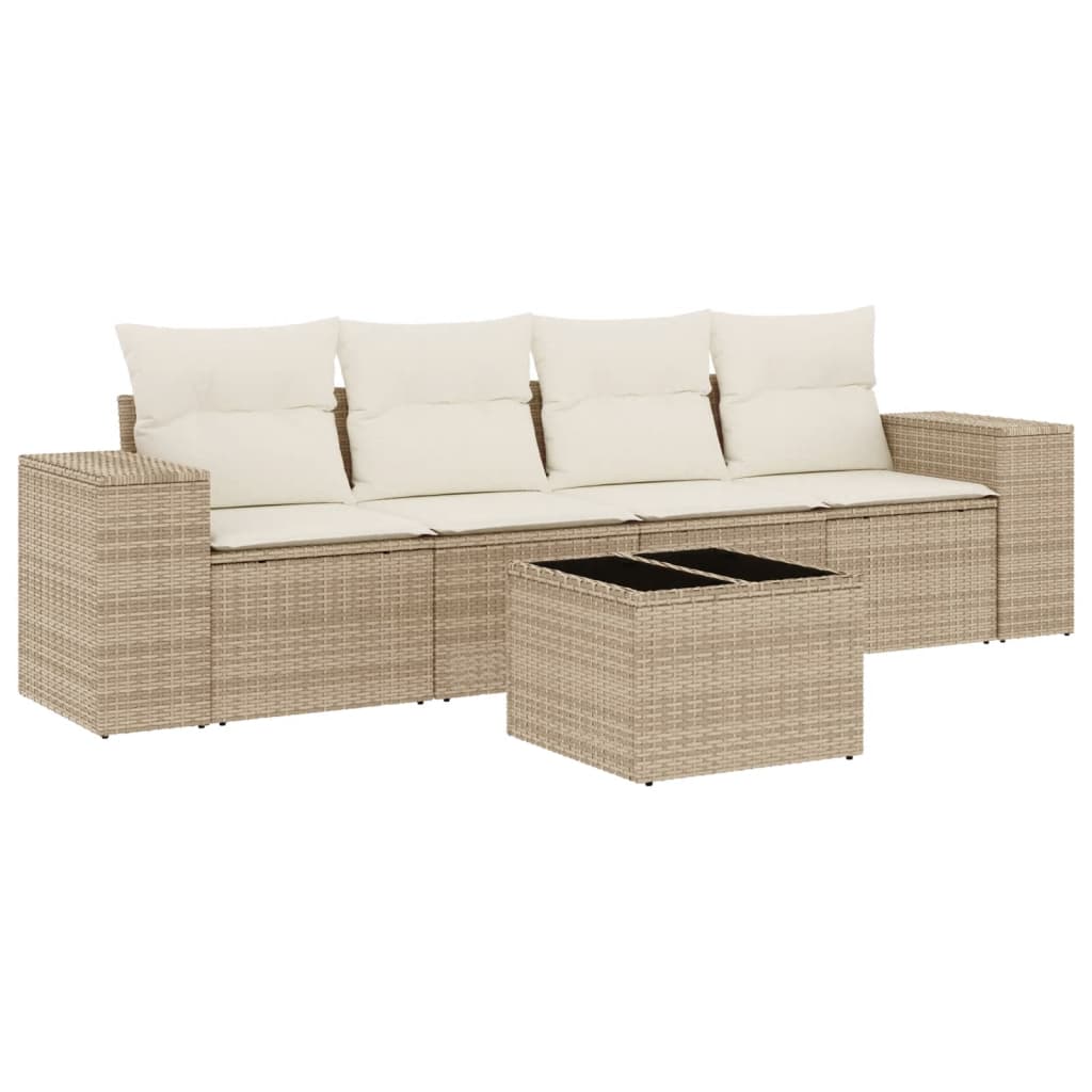 Set Divano da Giardino 5 pz con Cuscini Beige in Polyrattan