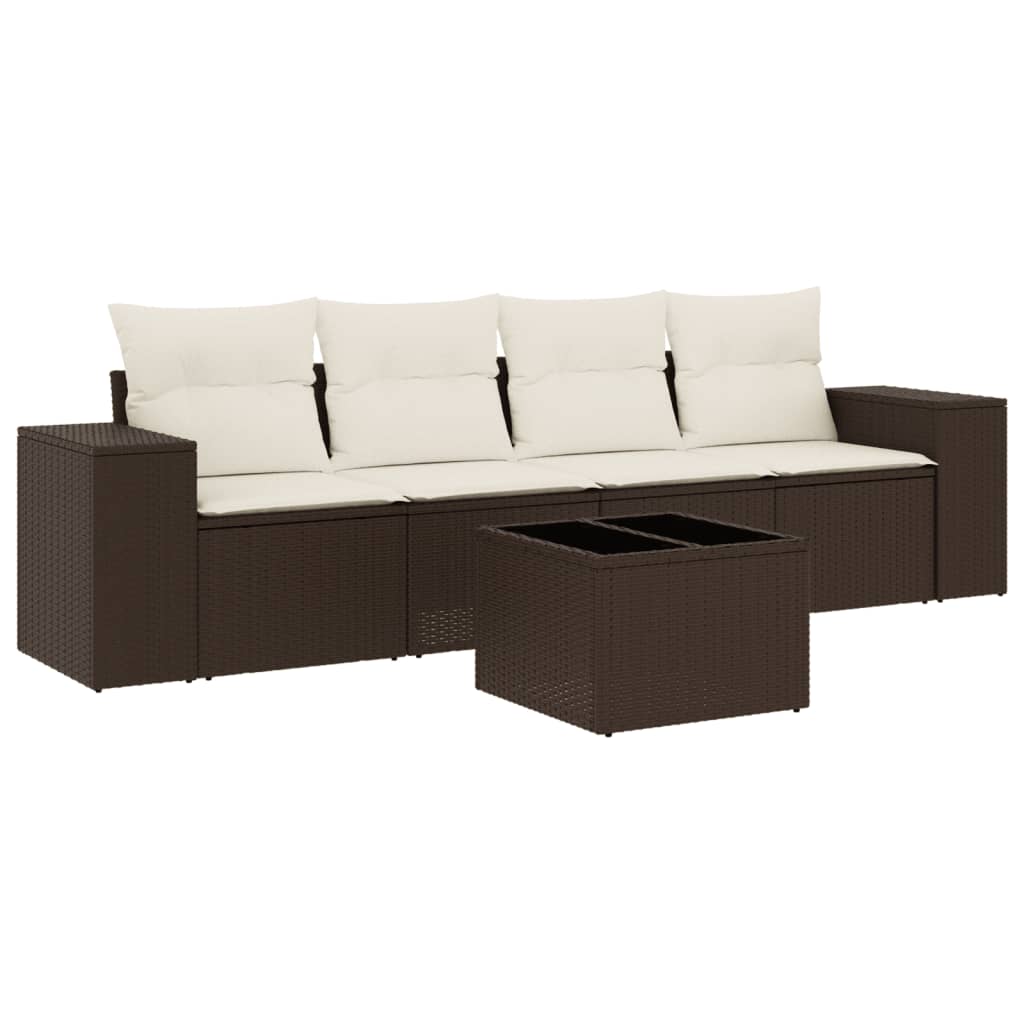 Set Divano da Giardino 5 pz con Cuscini Marrone in Polyrattan