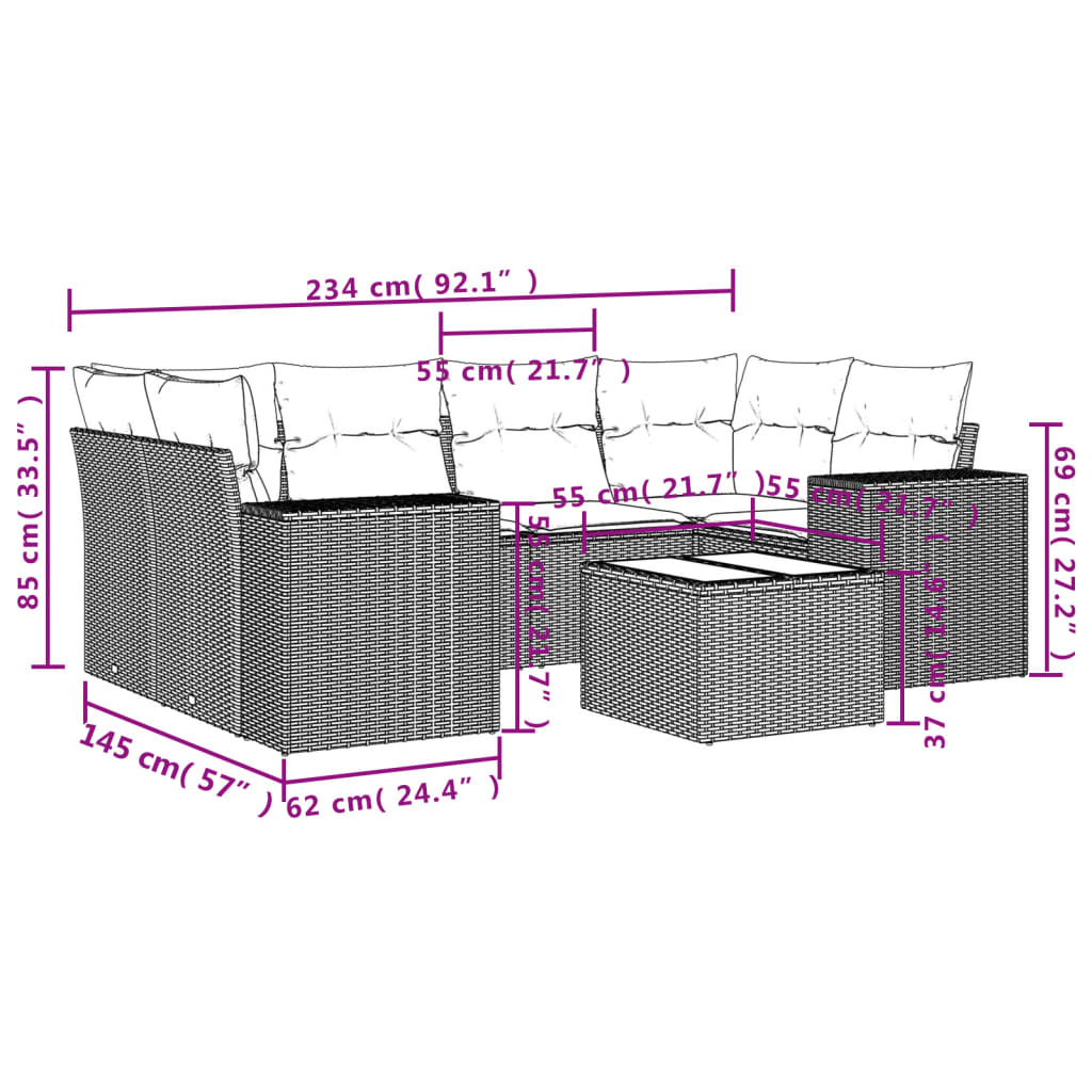 Set Divani da Giardino 7 pz con Cuscini Marrone in Polyrattan