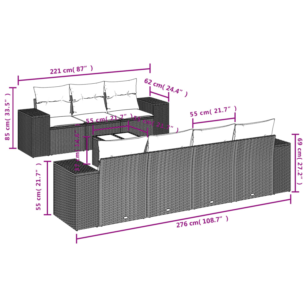 Set Divani da Giardino 8 pz con Cuscini Marrone in Polyrattan